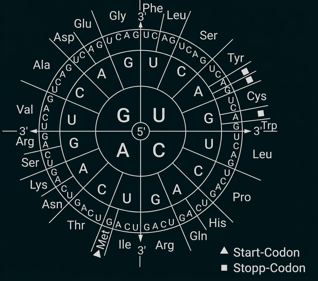 Kreisförmige Codon-Tabelle mit RNA-Basen, Aminosäuren sowie markierten Start- und Stopp-Codons.